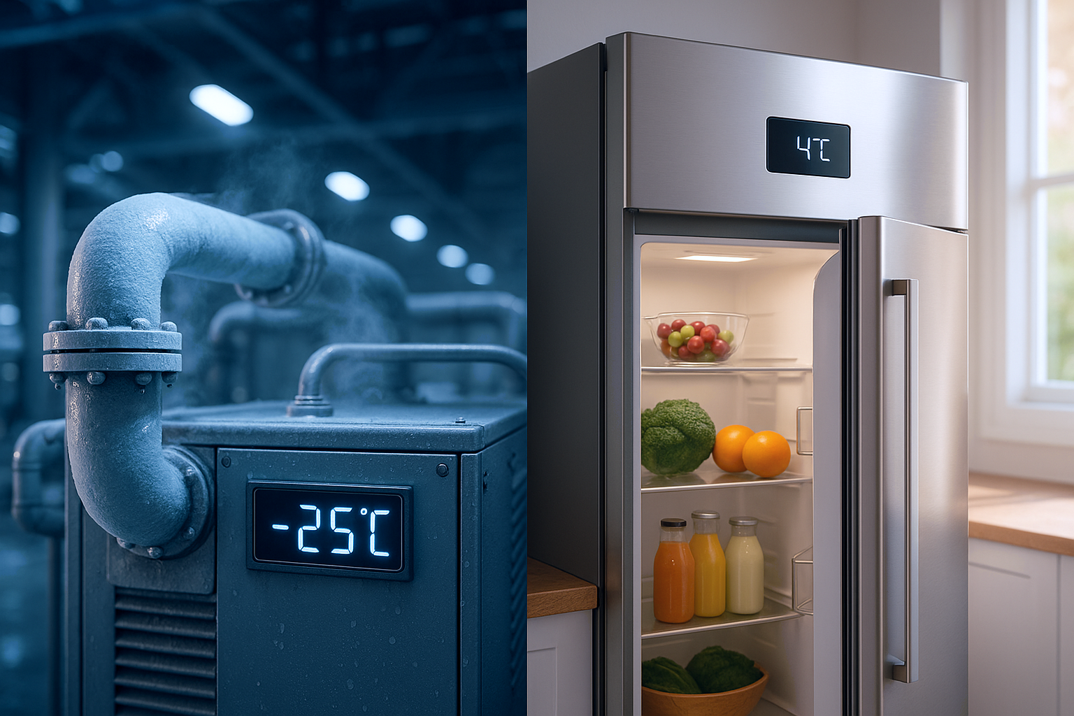 Temperature gauges showing precise low industrial range for chiller and moderate food-safe range for refrigerator