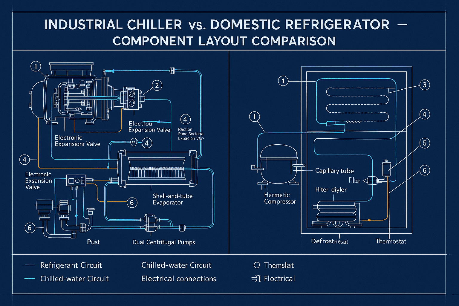 Detailed schematic of an industrial chiller versus a simpler refrigerator component layout