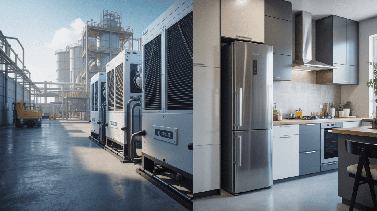 A split image: one side showing a large industrial plant with chillers, the other a modern kitchen with a refrigerator